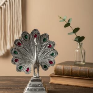 Handcrafted Metal Peacock Figurine with Gemstone Accents