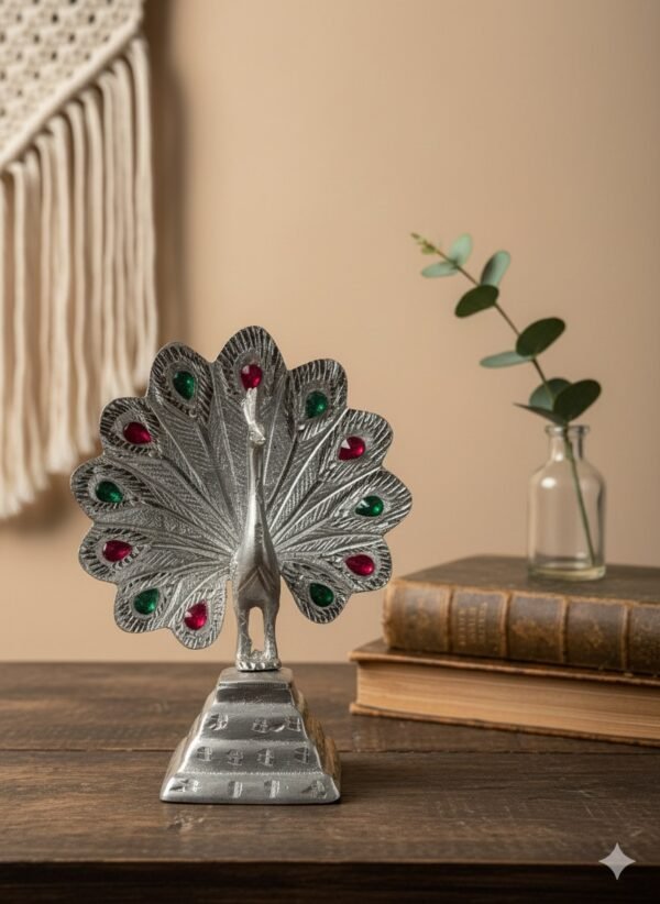 Handcrafted Metal Peacock Figurine with Gemstone Accents
